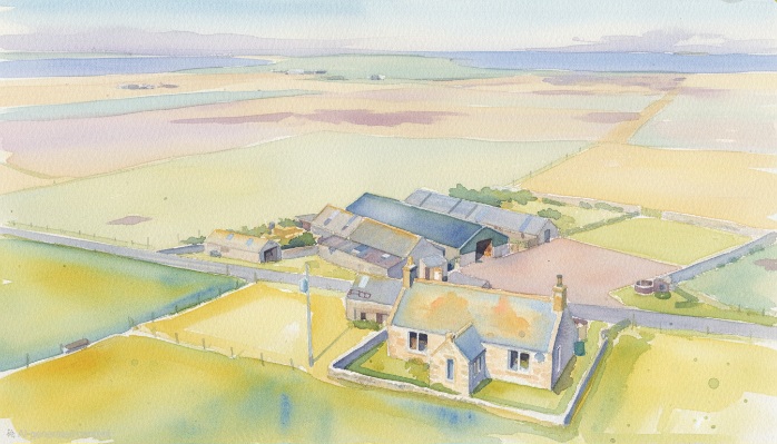 Aerial view of Smiddy — stone agricultural holding, outbuildings and 32 acres on the Stronsay coast